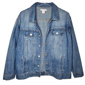 Sincerely Jules‎ Womens Pinstripe Denim Trucker Jacket Light Wash Blue Sz Medium